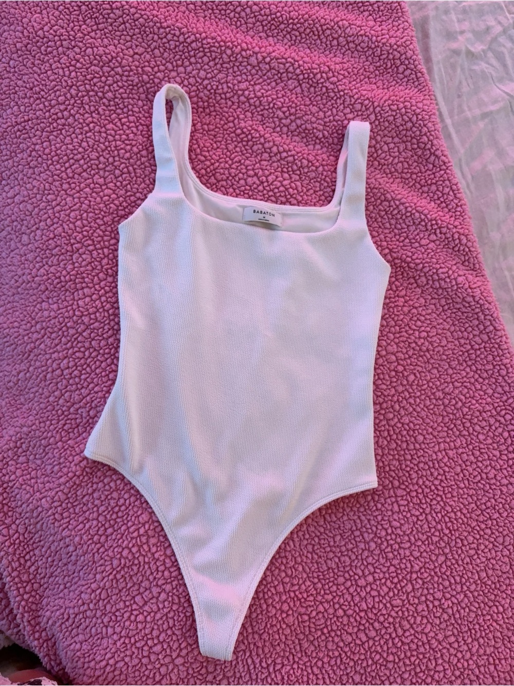 Babaton White Ribbed Square-Neck Bodysuit